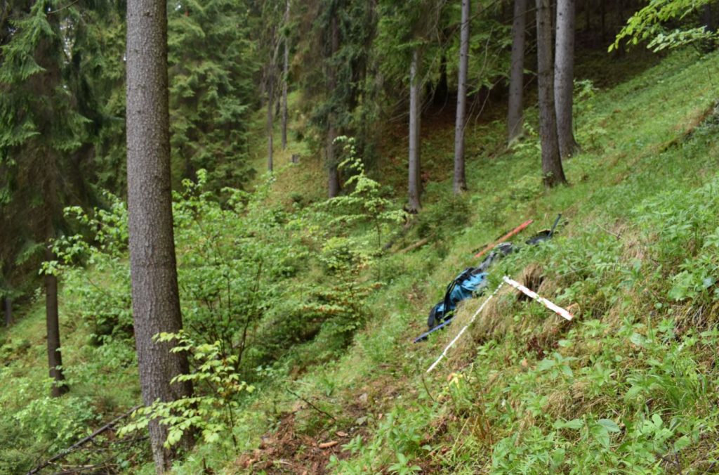 Miesto nálezu meča - viditeľný chodník a strmý svah (foto: M. Furman)